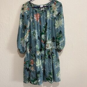 H&M Floral Print Tiered Dress Blue Green Pink Long Sleeve Size S